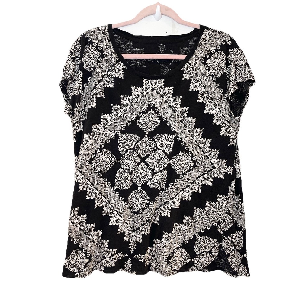 Lucky Brand Black Beige Geometric Print Short Sleeve Top Large Boho Soft Thin